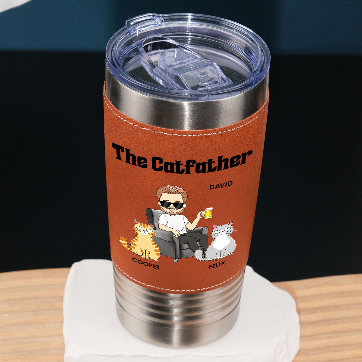 Custom Father's day Birthday Gifts For Dog Dad, Dog Lovers • The Catfather - Personalized Leather Tumbler