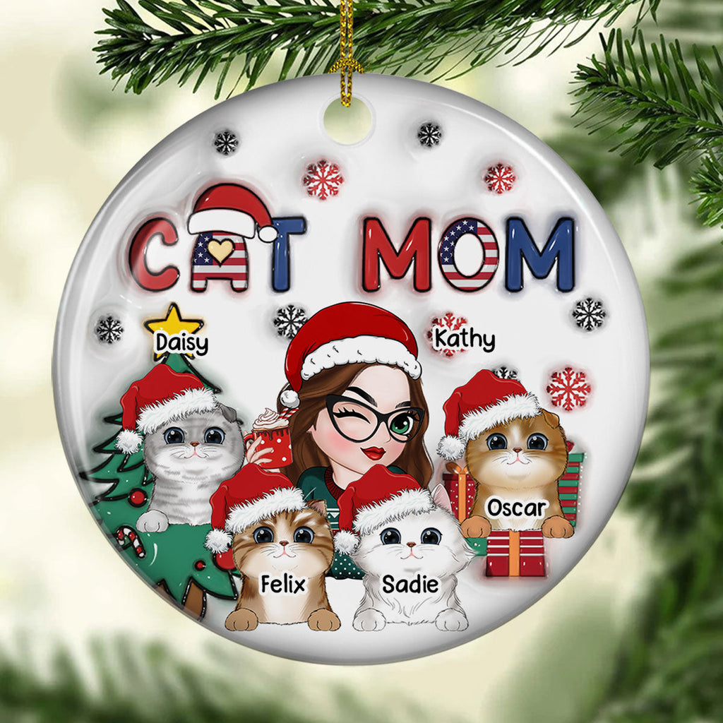 American Cat Mom Christmas - Personalized 3D Inflated Effect Ceramic Ornament