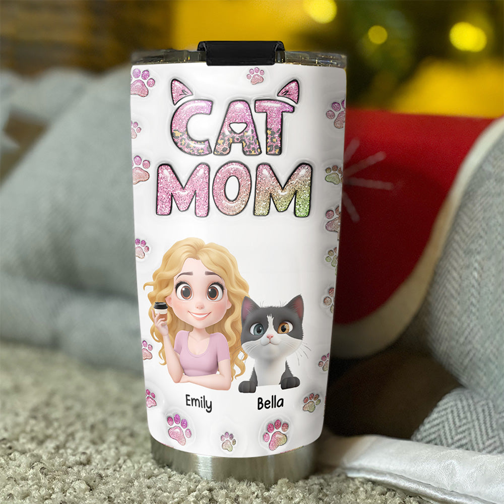 Custom Christmas Birthday Gifts For Cat Mom, Cat Lovers • Cat Mom Lovely Chibi Version 2 - Personalized 3D Inflated Effect Tumbler