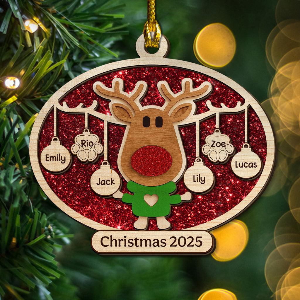 Christmas Reindeer Family Forever - Personalized 2-layered Wood Ornament