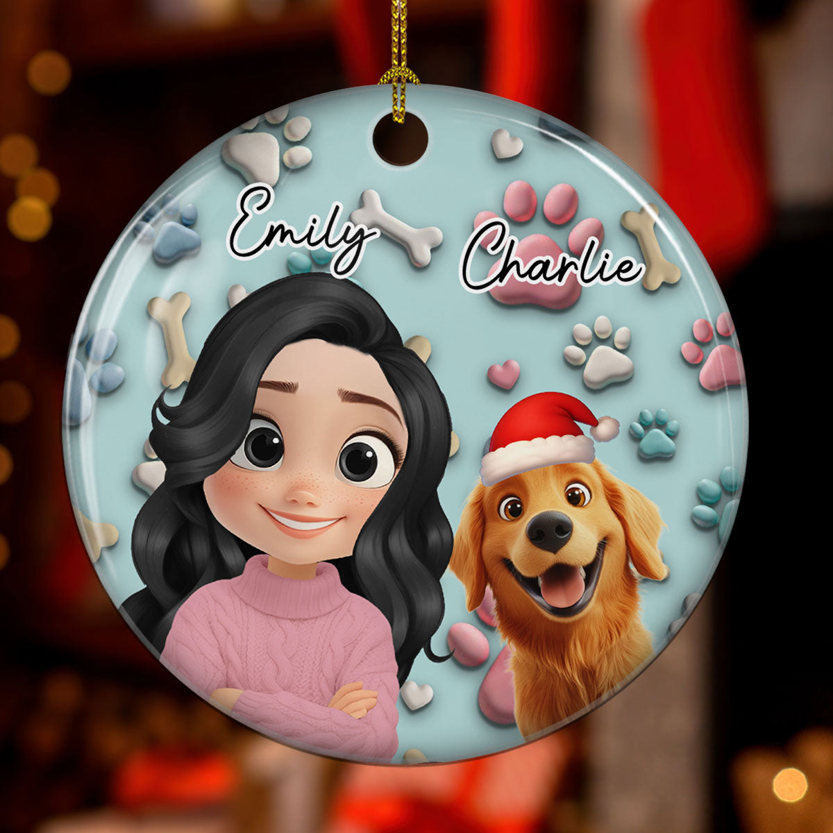 Custom Christmas Decor Home Birthday Gifts For Dog Mom, Dog Lovers • Dog And Human Cartoon - Personalized 3D Effect Ceramic Ornament
