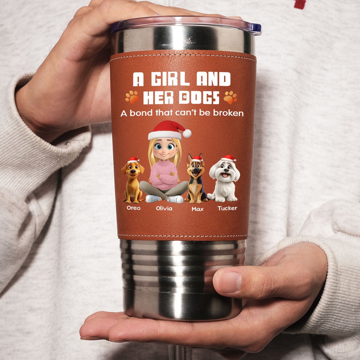 Custom Christmas Birthday Gifts For Dog Lovers • Human And Their Dog Cartoon Christmas - Personalized Leather Tumbler