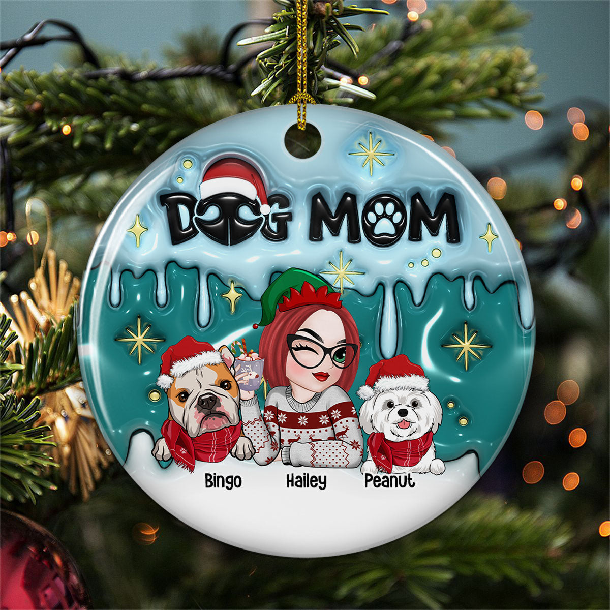 Custom Christmas Decor Home Birthday Gifts For Dog Mom, Dog Lovers • Holiday With Dog Mom - Personalized 3D Inflated Effect Ceramic Ornament