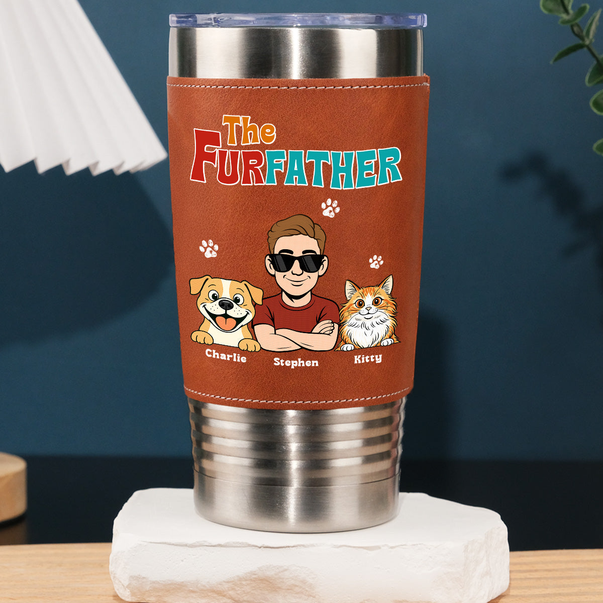 Custom Christmas Birthday Gifts For Pet Dad, Pet Lovers • Retro Pet Father - Personalized Leather Tumbler