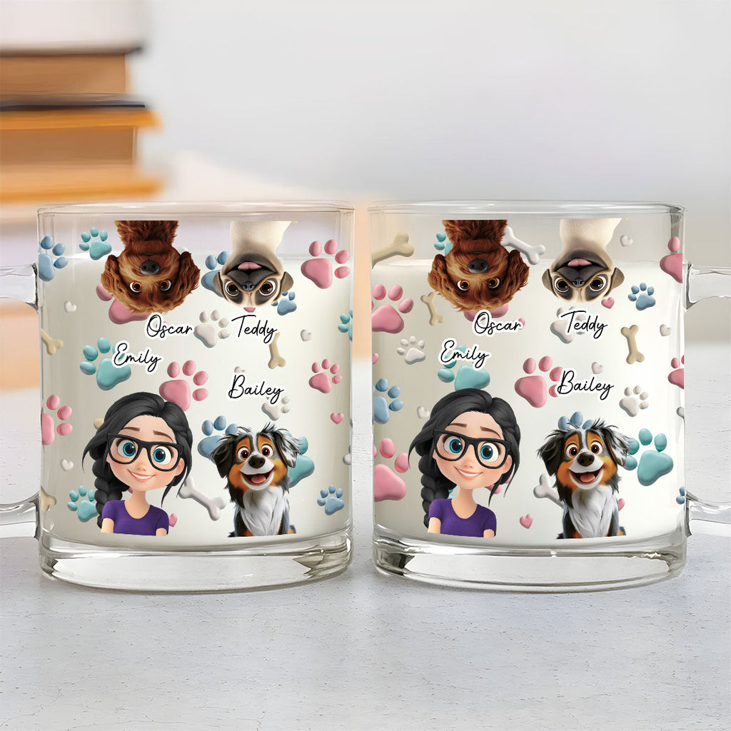 Custom Mother's day Birthday Gifts For Dog Mom, Dog Lovers • Dog And Human Cartoon - Personalized 3D Inflated Effect Glass Mug