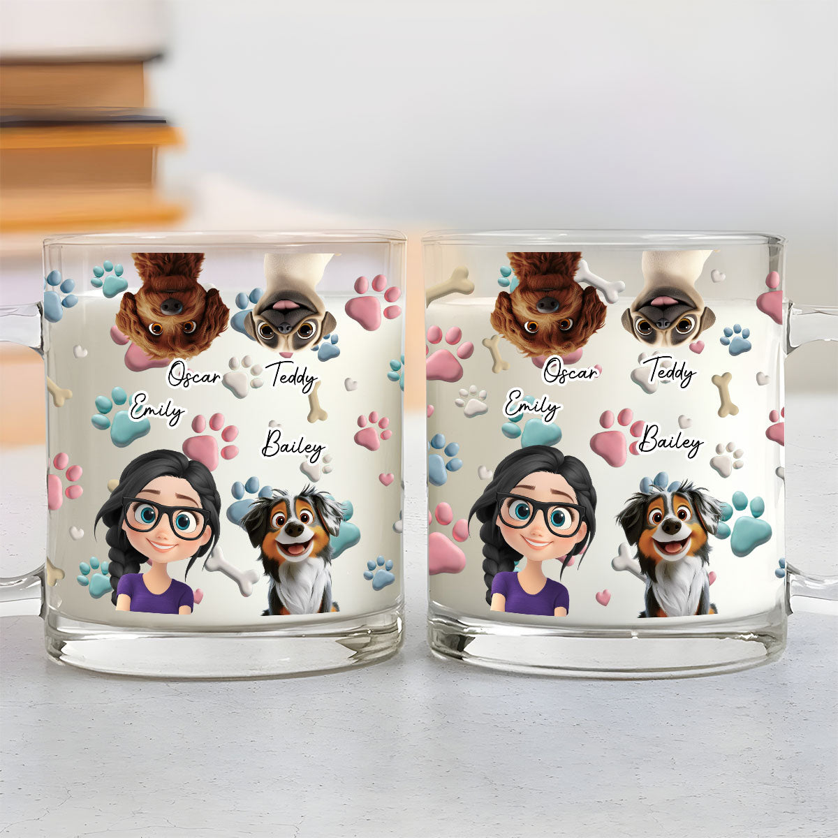 Custom Mother's day Birthday Gifts For Dog Mom, Dog Lovers • Dog And Human Cartoon - Personalized 3D Inflated Effect Glass Mug