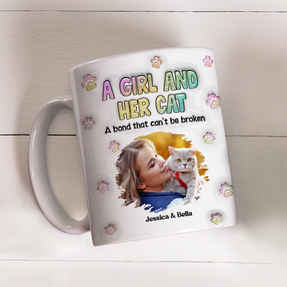 Custom Photo Christmas Birthday Gifts For Dog Mom, Dog Lovers • A Girl And Her Cat Photo - Personalized 3D Inflated Effect Mug