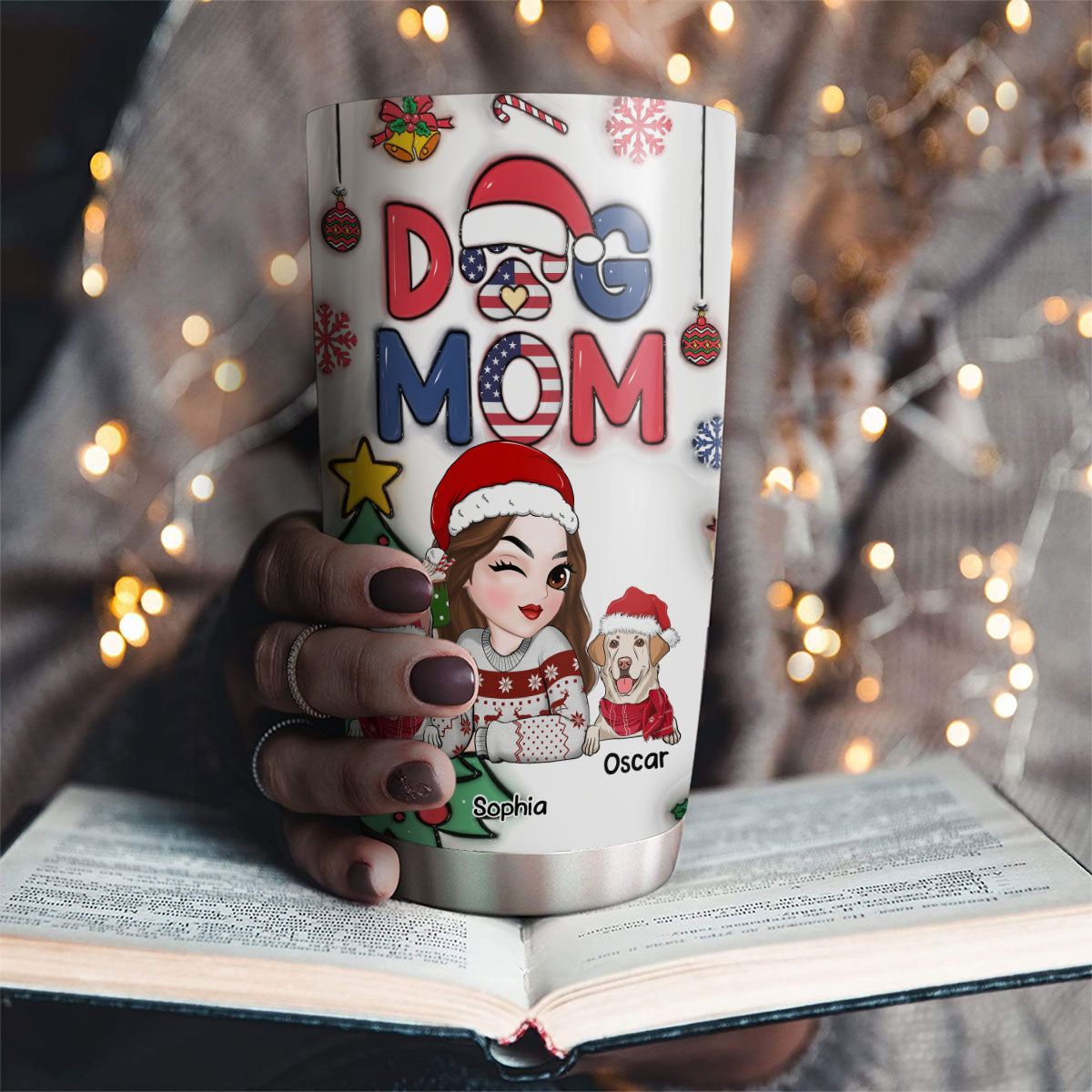 Custom Mother's day Birthday Gifts For Pet Mom, Pet Lovers • Lovely Dog Mom Christmas Version 3 - Personalized 3D Inflated Effect Tumbler