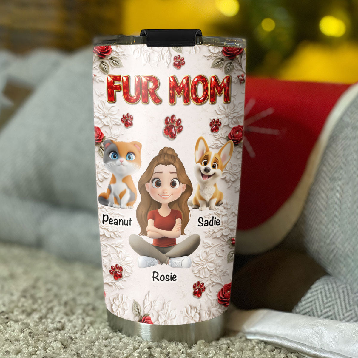 Custom Christmas Birthday Gifts For Cat Lovers • Floral Pet Mom - Personalized 3D Effect Tumbler