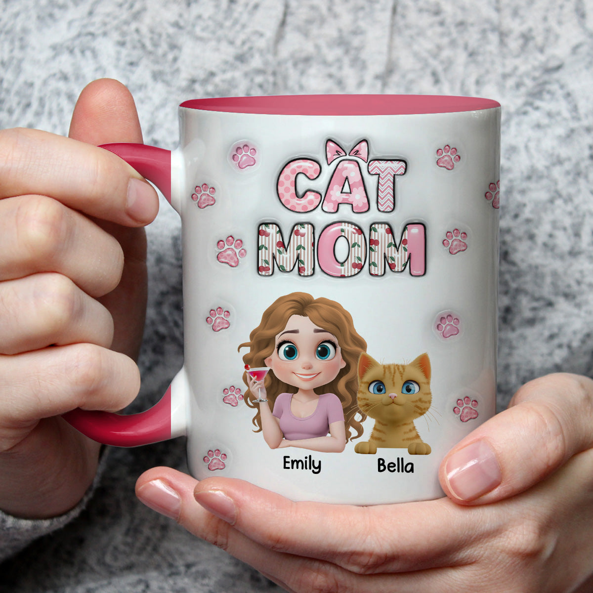 Custom Christmas Birthday Gifts For Cat Mom, Cat Lovers • Cherry On Top Of Cats - Personalized 3D Inflated Effect Accent Mug
