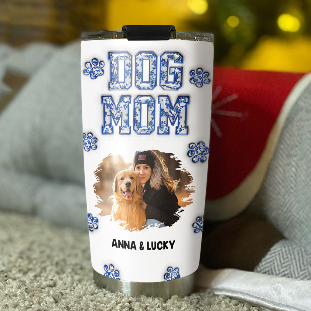 Custom Photo Christmas Birthday Gifts For Dog Mom, Dog Lovers • Dog Mom Mum Blue Photo - Personalized 3D Inflated Effect Tumbler