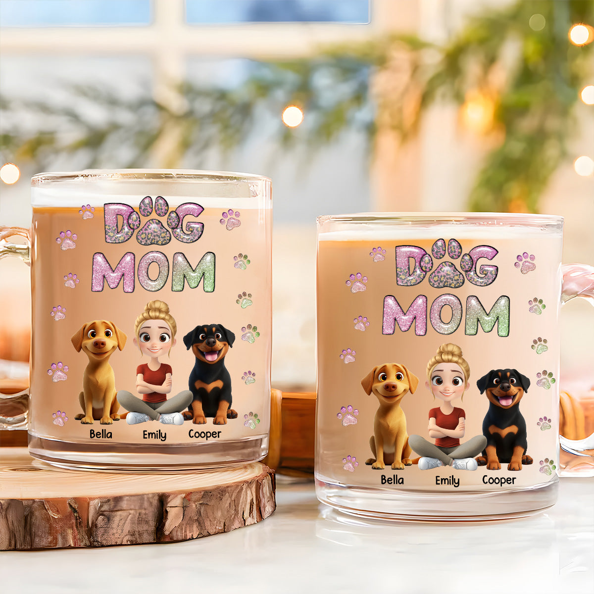 Custom Christmas Birthday Gifts For Dog Mom, Dog Lovers • Dog Mom Lovely Chibi - Personalized 3D Inflated Effect Glass Mug