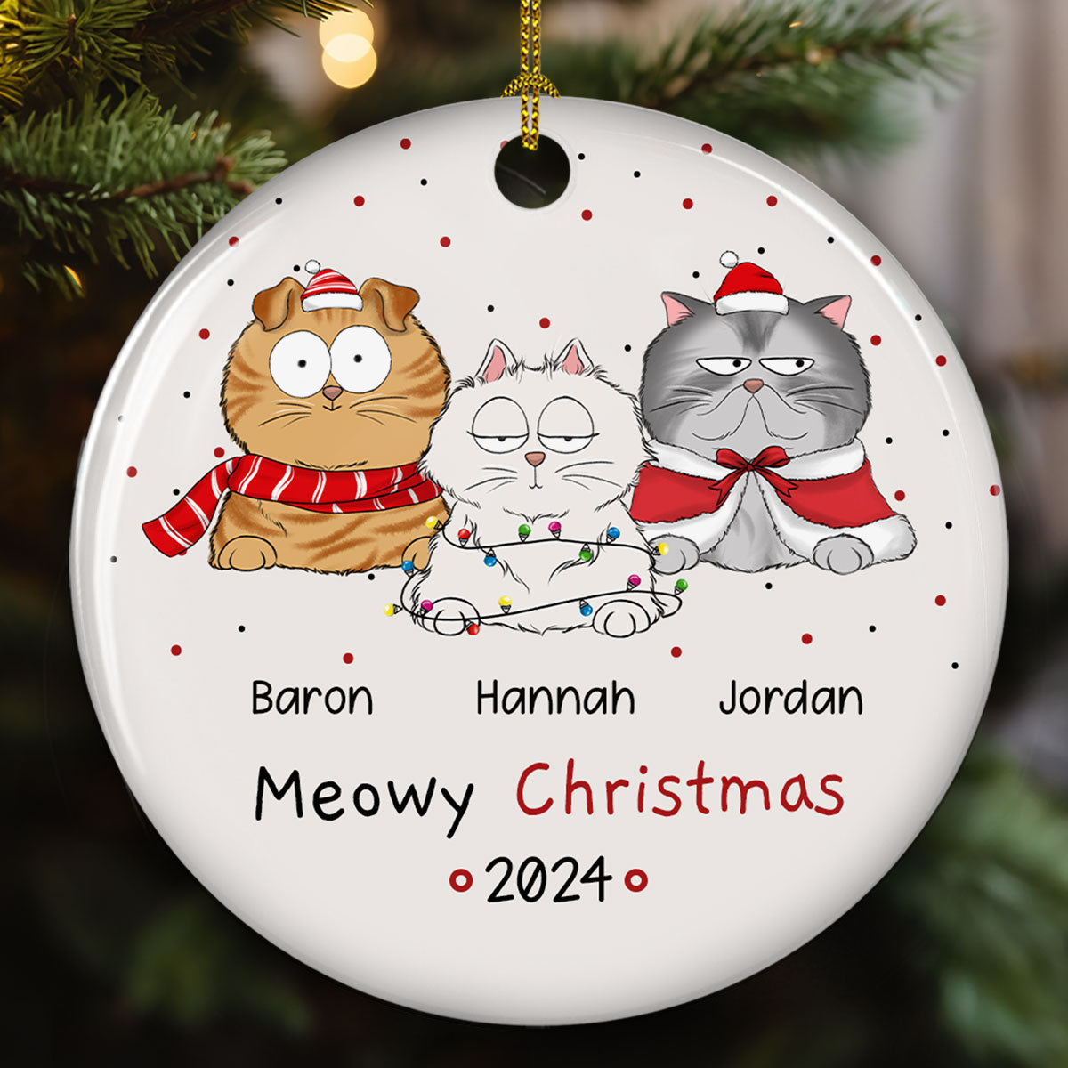 Meowy Christmas - Personalized Circle Ceramic Ornament