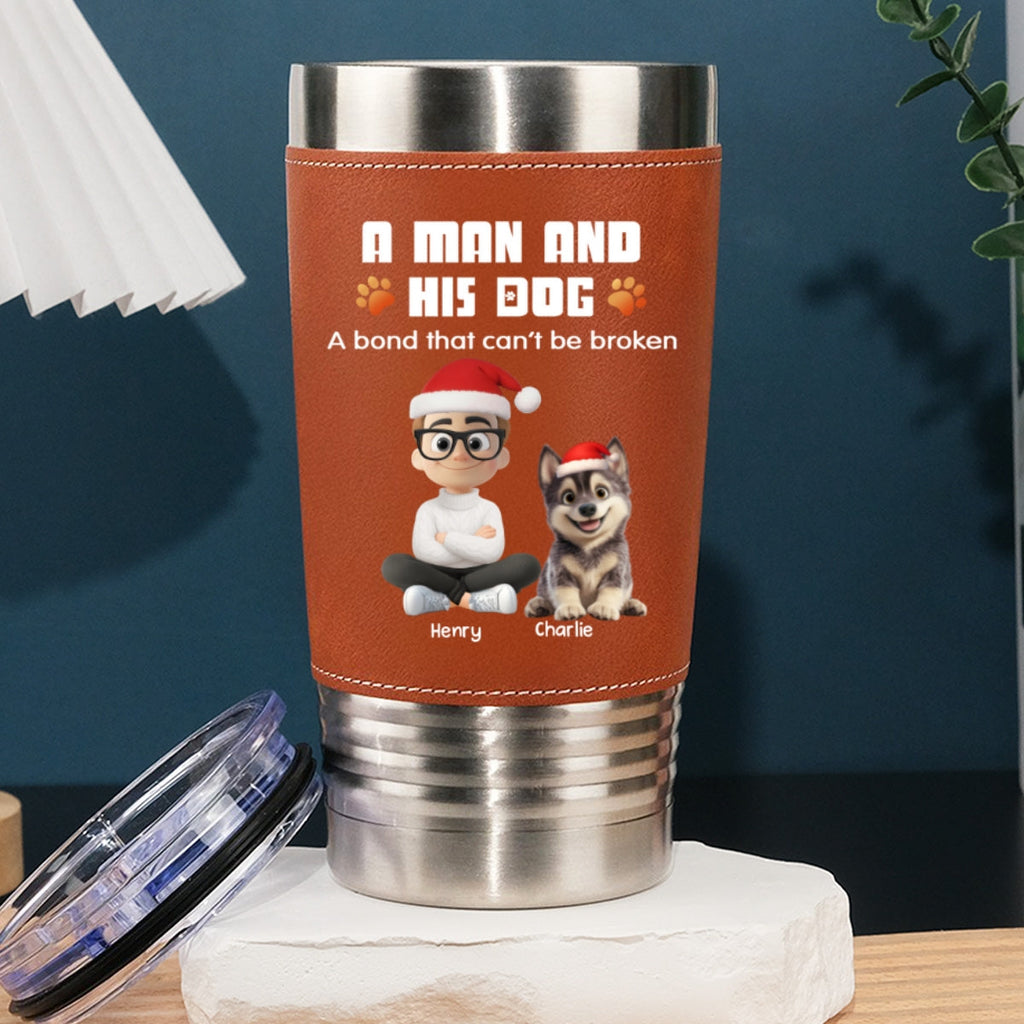 Custom Christmas Birthday Gifts For Dog Lovers • Human And Their Dog Cartoon Christmas - Personalized Leather Tumbler