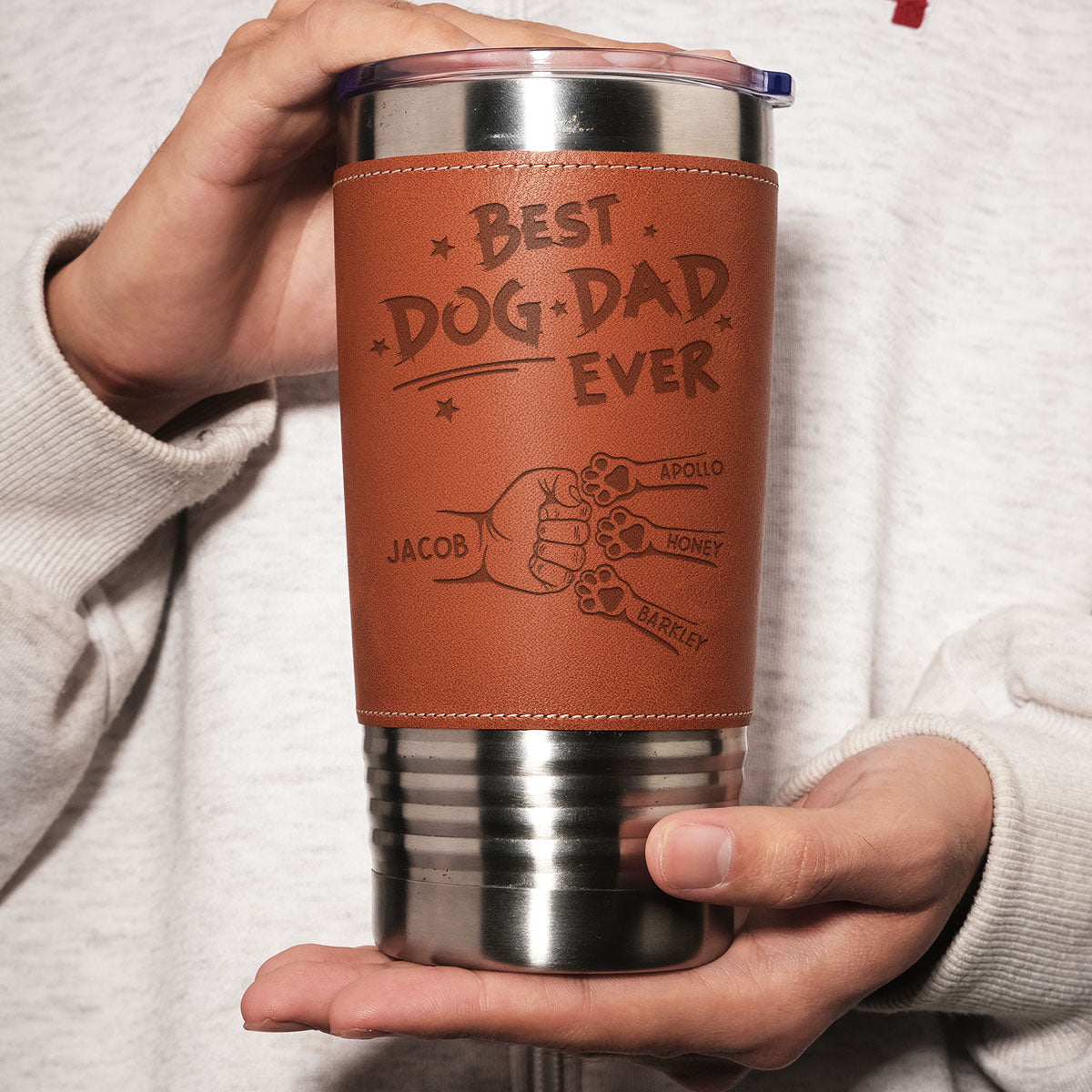 Custom Father's day Birthday Gifts For Dog Dad, Dog Lovers • Best Dog Dad Ever - Personalized Engraved Leather Tumbler