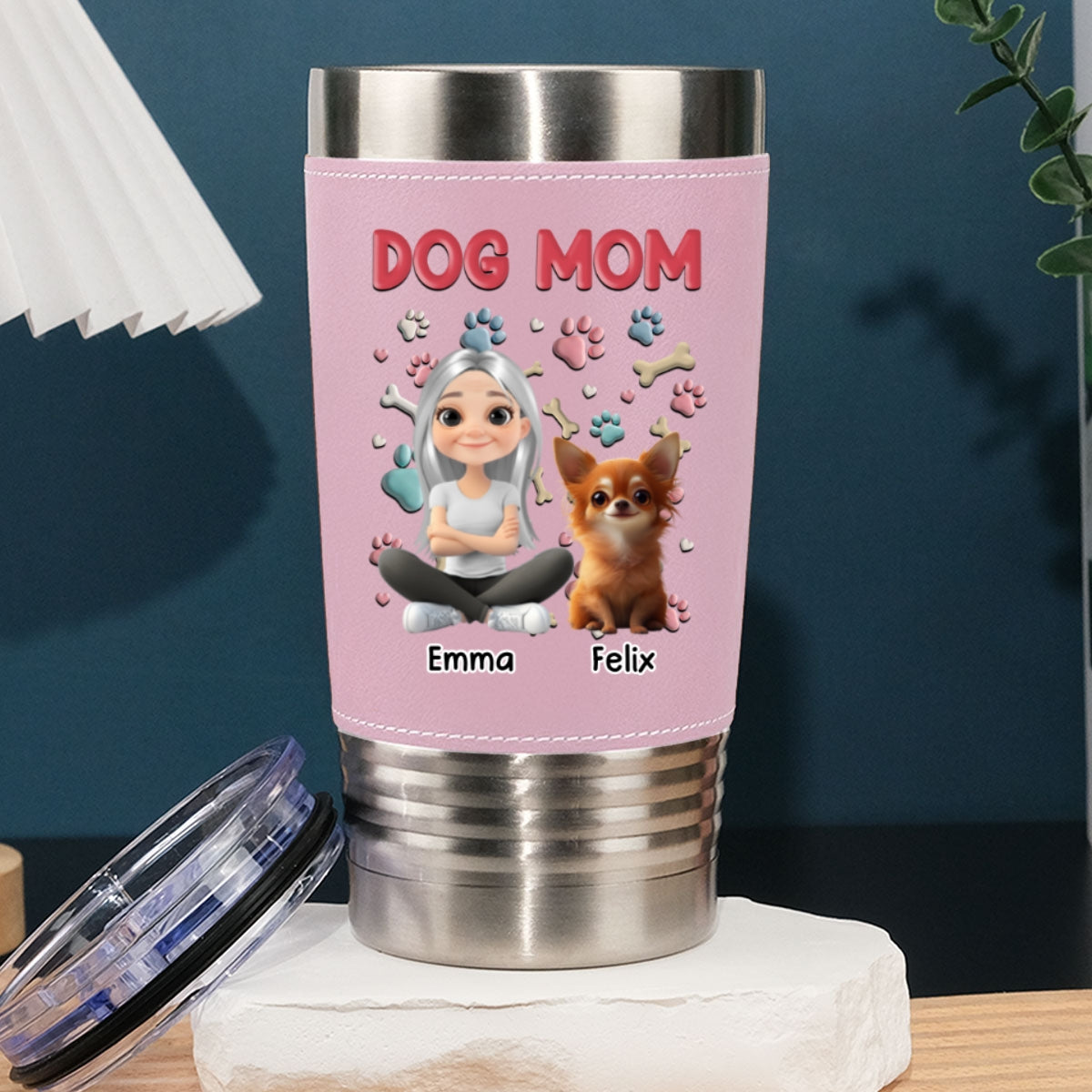 Custom Christmas Birthday Gifts For Dog Lovers • Dog Mom - Personalized Pink Leather Tumbler