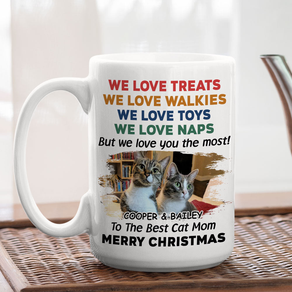 Custom Photo Christmas Birthday Gifts For Cat Lovers • Cats Love You Snow Ver Photo - Personalized Coffee Mug