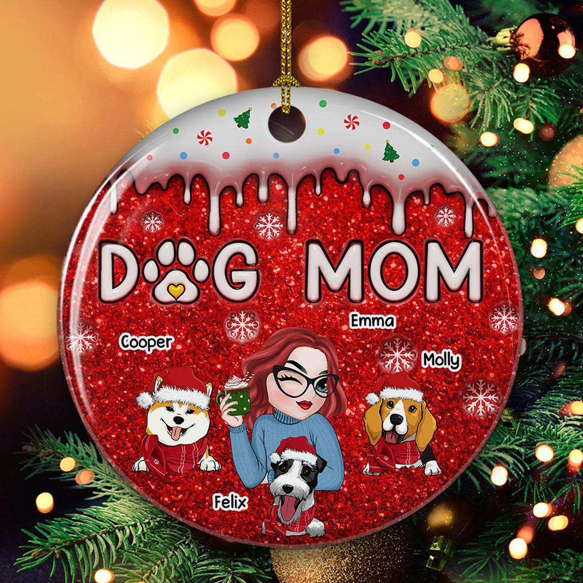 Christmas Dog Mom - Personalized 3D Inflated Effect Ceramic Ornament