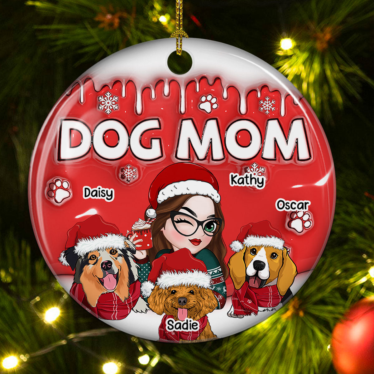 Custom Christmas Decor Home Birthday Gifts For Dog Mom, Dog Lovers • Dog Mom In Christmas - Personalized 3D Inflated Effect Ceramic Ornament