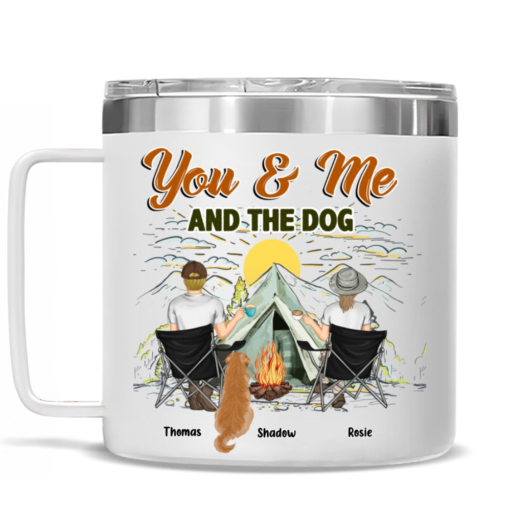 Custom Mother's day Birthday Gifts For Pet Mom, Pet Lovers • You And Me And Our Lovely Dogs - Personalized 14oz Stainless Steel Tumbler With Handle