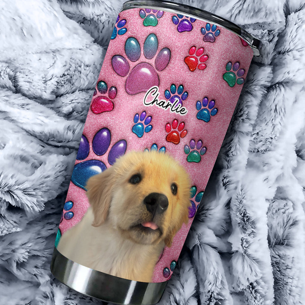 Custom Photo Christmas Birthday Gifts For Dog Mom, Dog Lovers • Glittery Paw Mom Photo - Personalized 3D Inflated Effect Tumbler