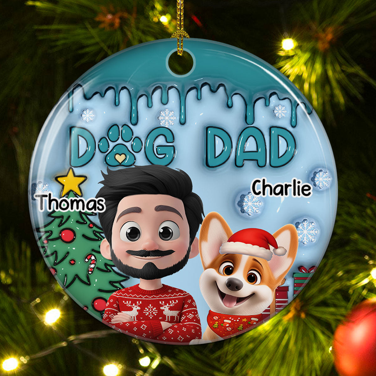 Custom Christmas Decor Home Birthday Gifts For Dog Dad, Dog Lovers • Man And Lovely Dog - Personalized 3D Inflated Effect Ceramic Ornament
