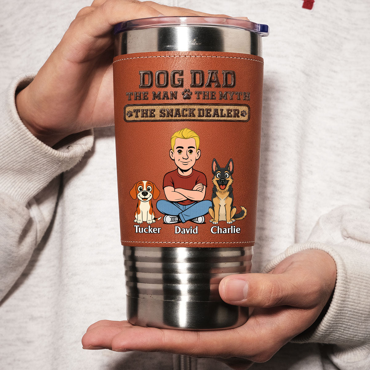 Custom Father's day Birthday Gifts For Dog Dad, Dog Lovers • The Snack King - Personalized Leather Tumbler