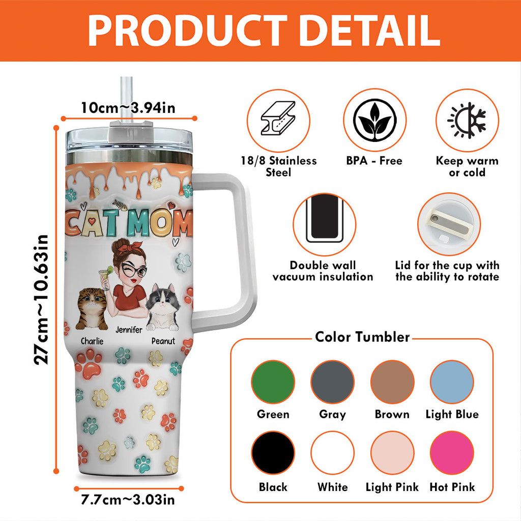 Custom Mother's day Birthday Gifts For Cat Mom, Cat Lovers • Mom Of Cats Ver 2 - Personalized 3D Inflated Effect Printed 40 Oz Tumbler