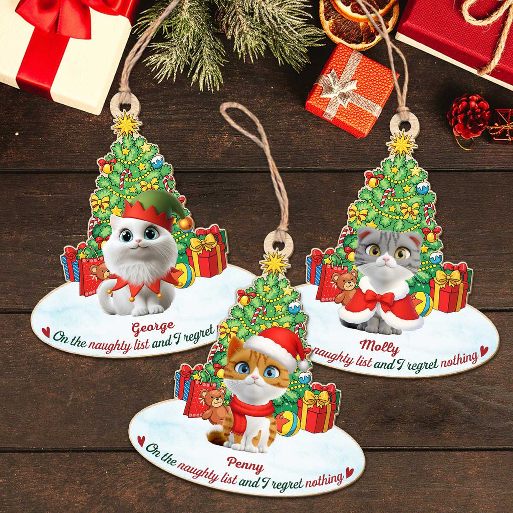Custom Christmas Decor Home Birthday Gifts For Cat Lovers • On The Naughty List Cat Cartoonize - Personalized Wood Ornament