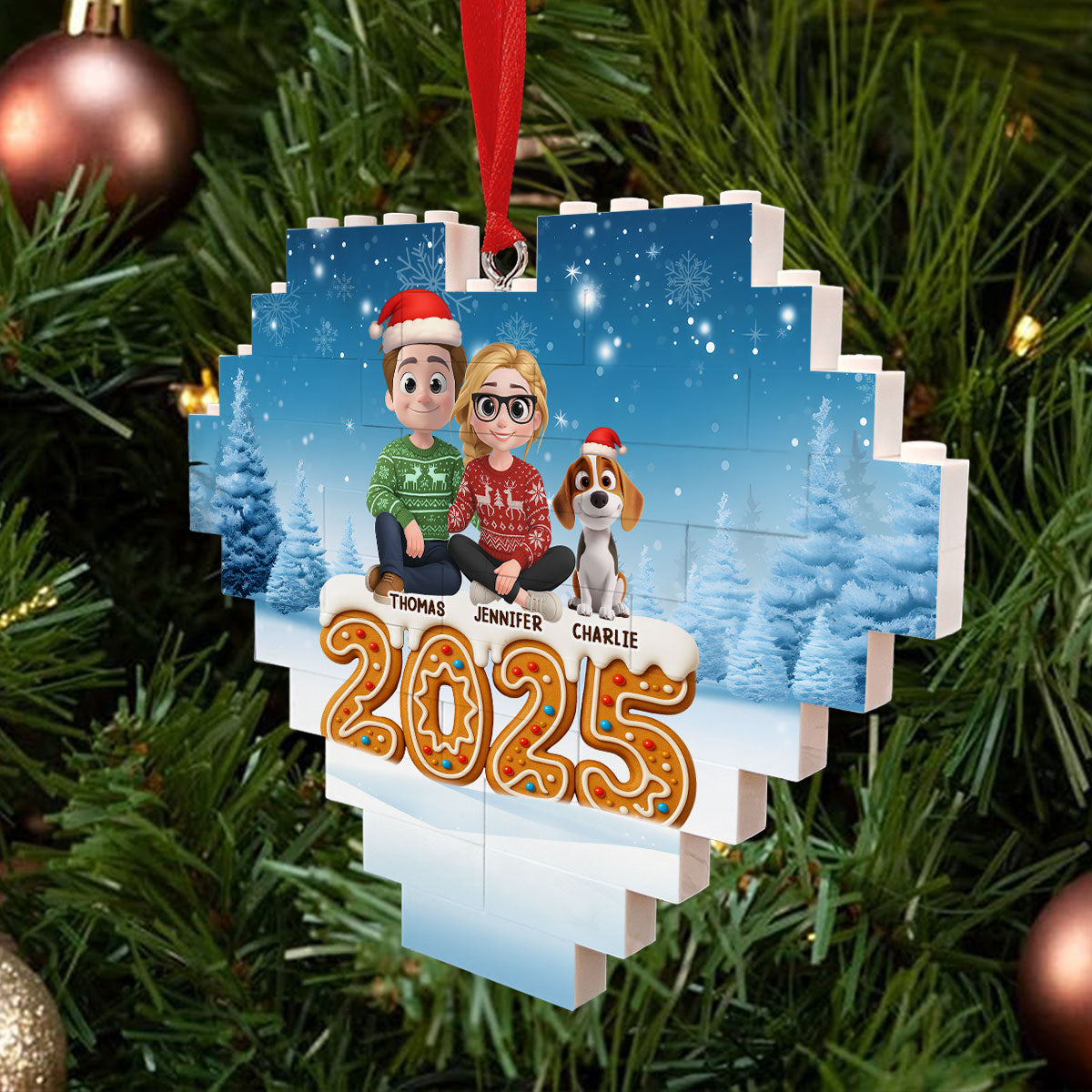 Custom Christmas Decor Home Birthday Gifts For Dog Lovers • Ginger Family - Personalized 3D Effect Heart Puzzle Ornament
