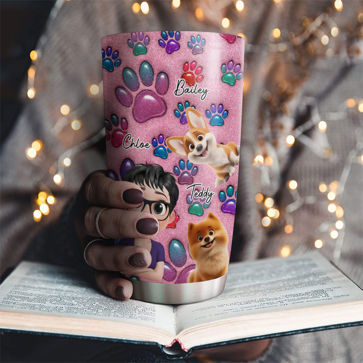 Custom Christmas Birthday Gifts For Dog Mom, Dog Lovers • Glittery Paw Mom - Personalized 3D Inflated Effect Tumbler