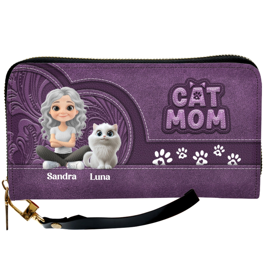 Chibi Cartoon Cat Mom - Personalized Leather Wallet