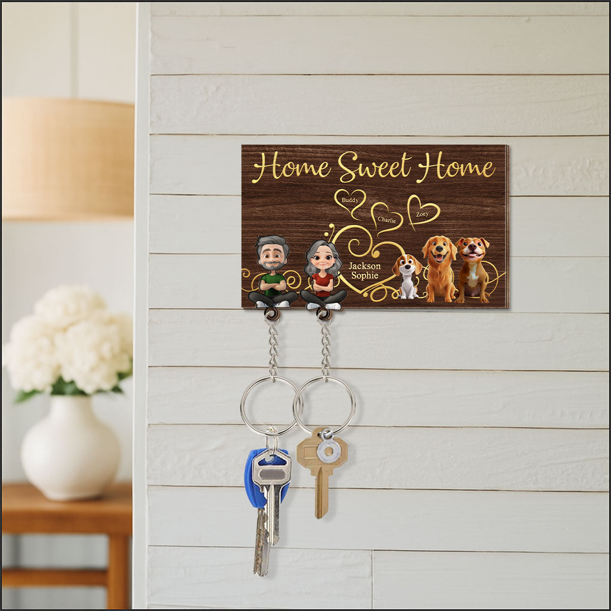 Home Sweet Home - Personalized Wooden Key Holder With Keychain