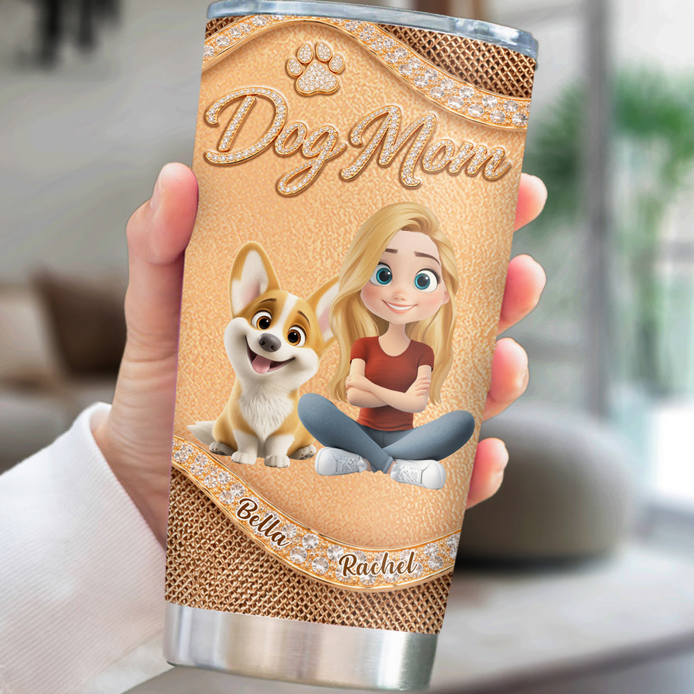 Custom Christmas Birthday Gifts For Dog Mom, Dog Lovers • Gold Chibi Dog Mom - Personalized 3D Effect Tumbler