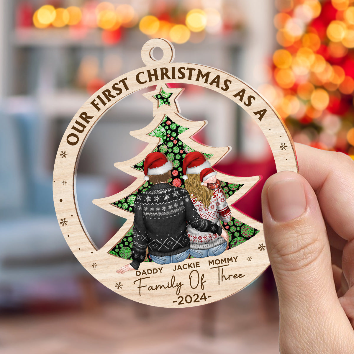 First Christmas As A Family Of Three New Parents - Personalized Suncatcher Ornament