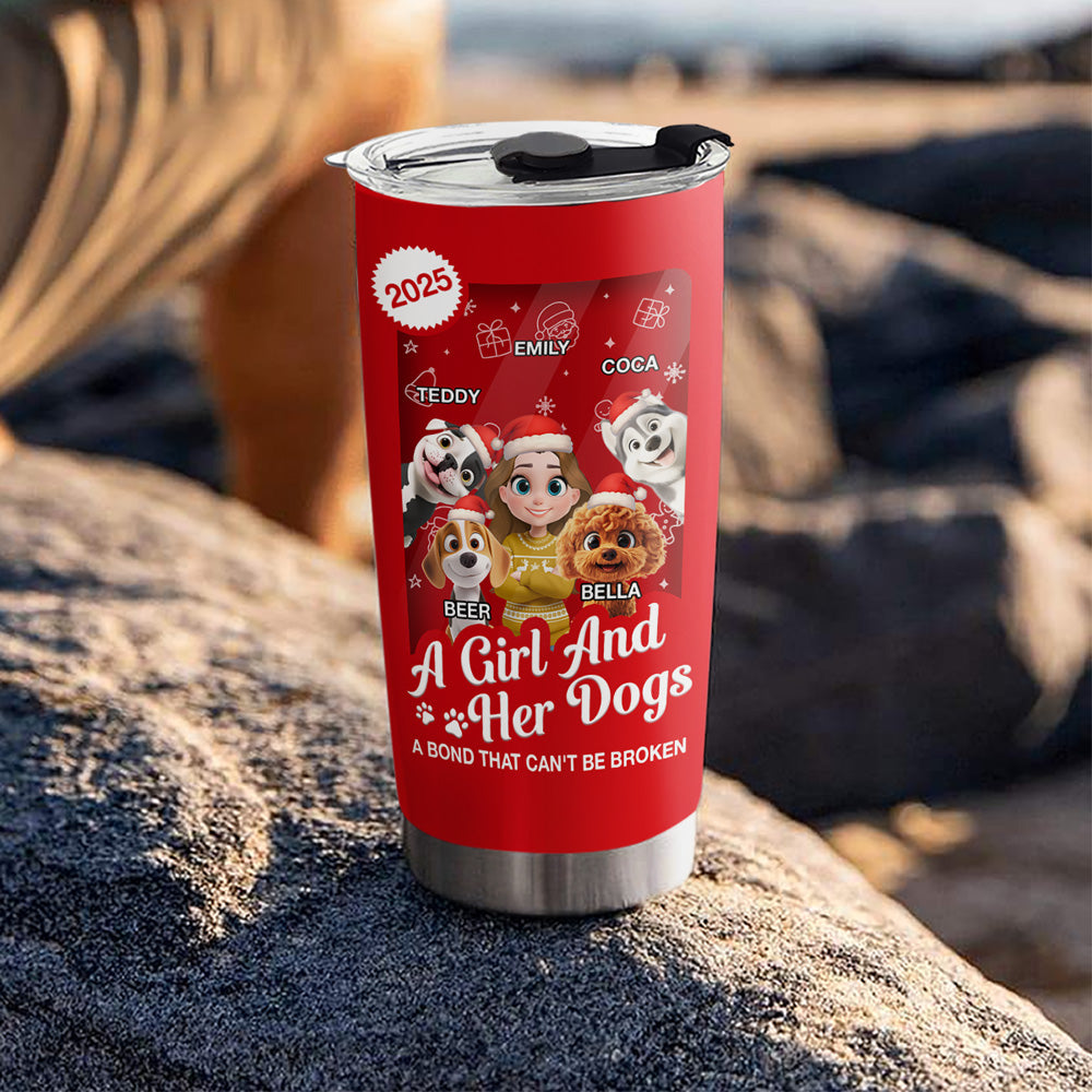 Custom Christmas Birthday Gifts For Dog Mom, Dog Lovers • A Woman And Her Dog Cartoon Christmas - Personalized Tumbler