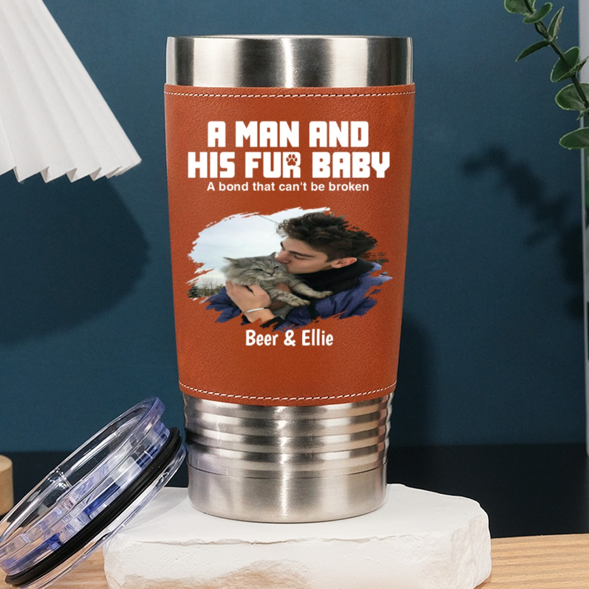 Custom Photo Father's day Birthday Gifts For Pet Dad, Pet Lovers • A Man And His Pets Photo - Personalized Leather Tumbler