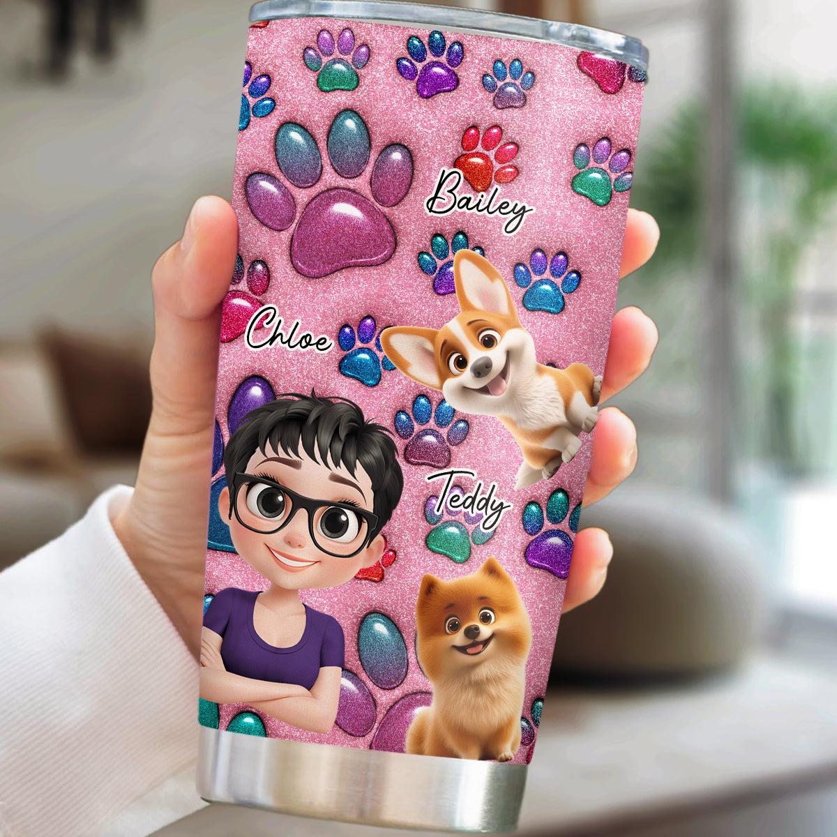 Custom Christmas Birthday Gifts For Dog Mom, Dog Lovers • Glittery Paw Mom - Personalized 3D Inflated Effect Tumbler