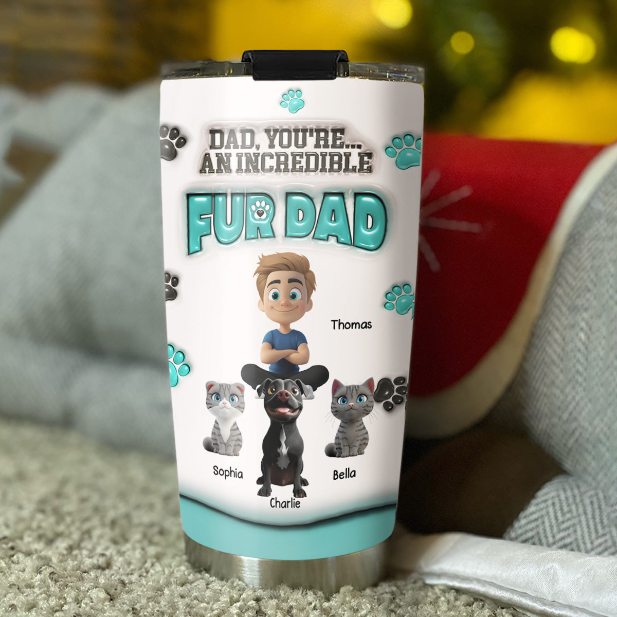 Custom Father's day Birthday Gifts For Pet Dad, Pet Lovers • An Incredible Fur Dad - Personalized 3D Inflated Effect Tumbler
