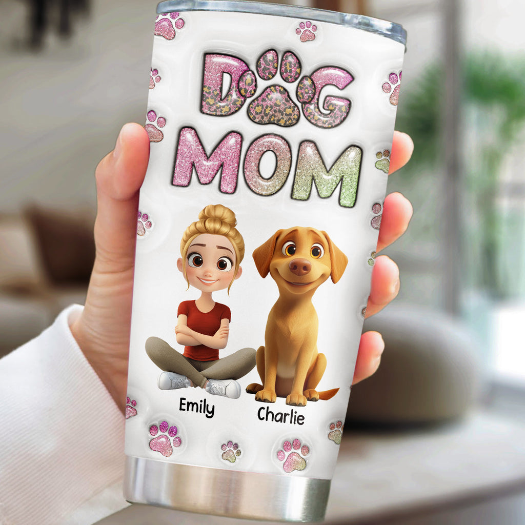 Custom Mother's day Birthday Gifts For Pet Mom, Pet Lovers • Dog Mom Lovely Chibi - Personalized 3D Inflated Effect Tumbler