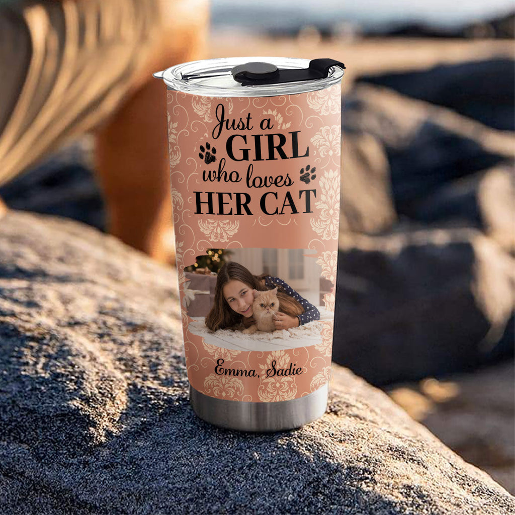 Custom Photo Christmas Birthday Gifts For Cat Mom, Cat Lovers • Pumskin Cat And Girl Photo - Personalized Tumbler
