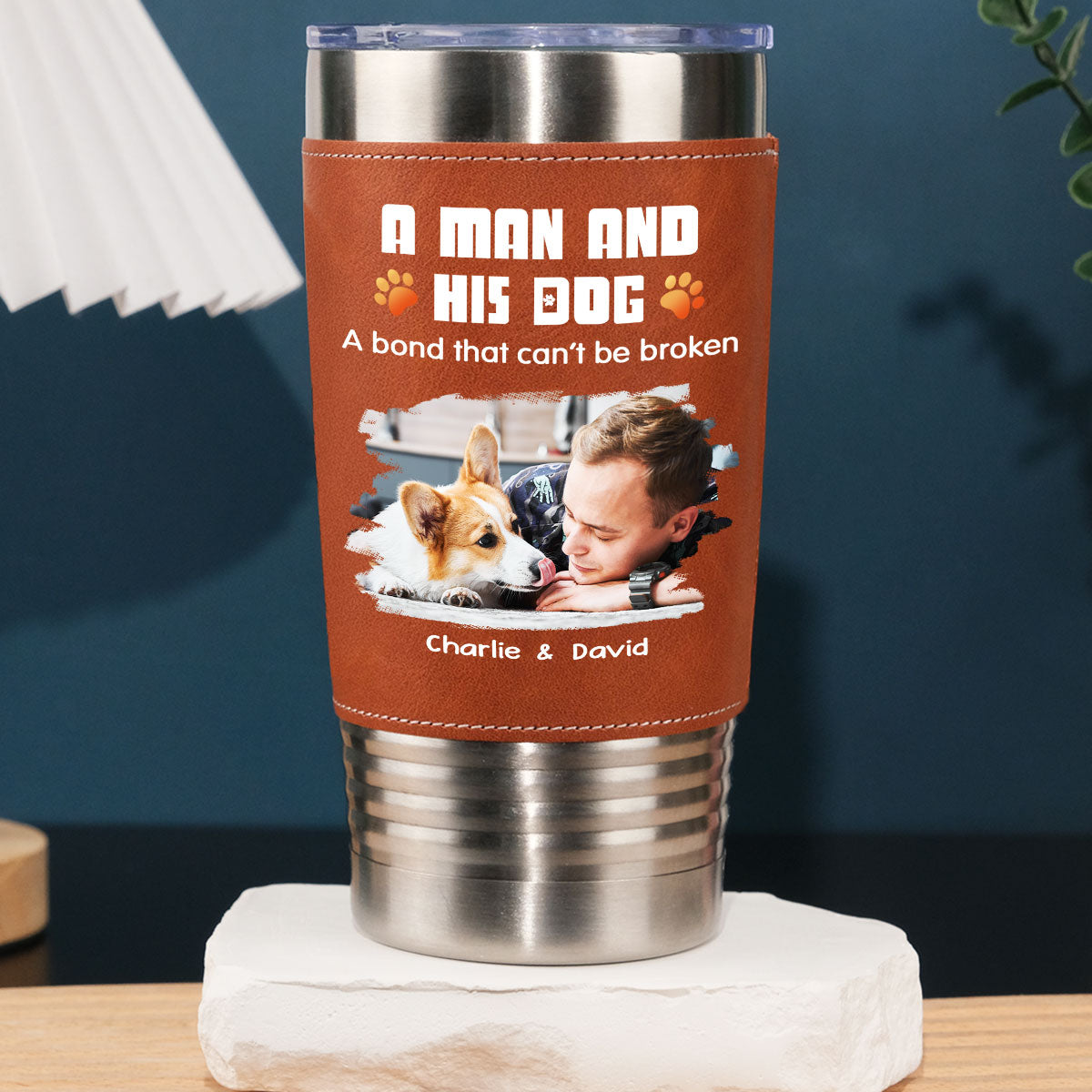 Custom Photo Christmas Birthday Gifts For Dog Lovers • Human And Their Dog Cartoon Christmas Photo - Personalized Leather Tumbler