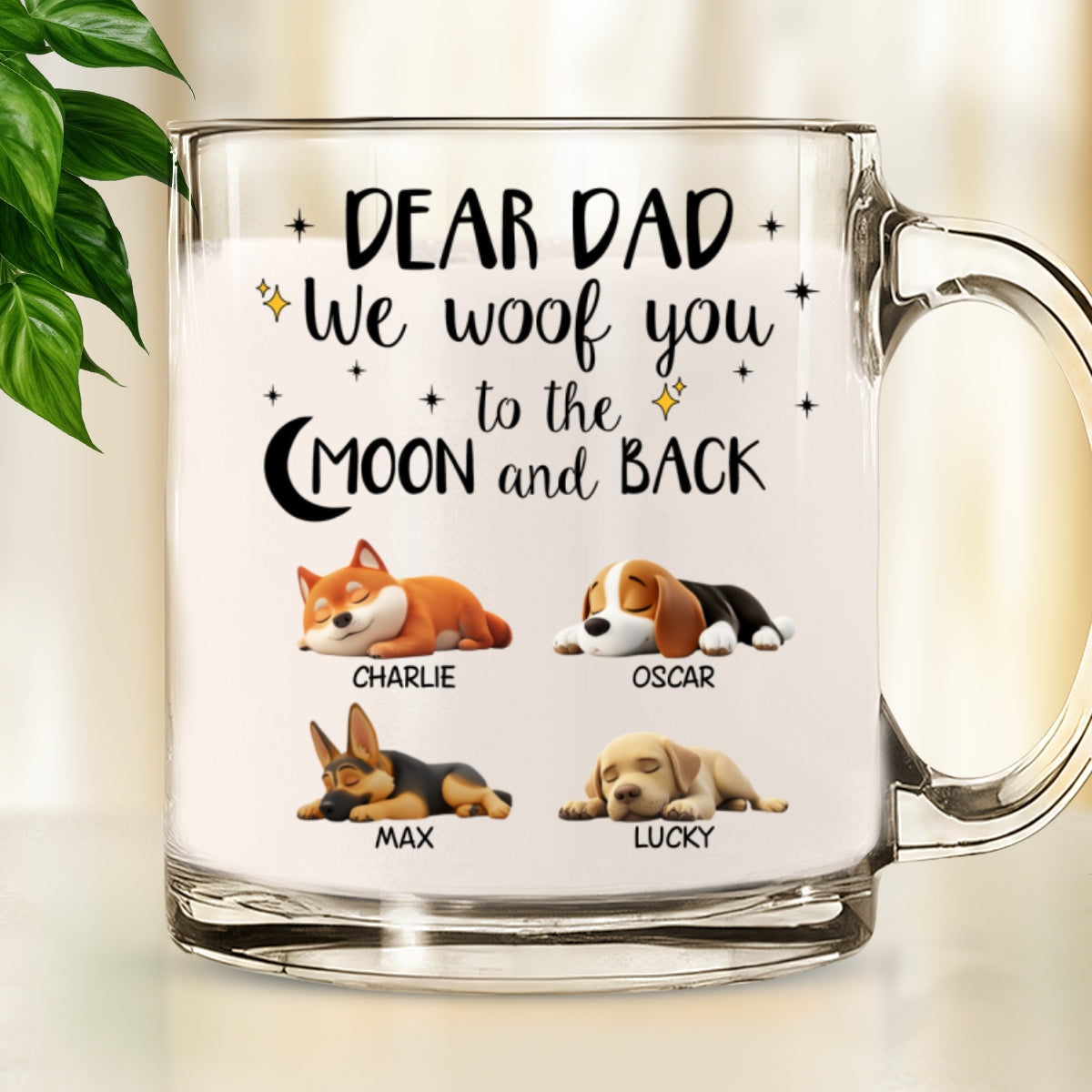 Custom Father's day Birthday Gifts For Dog Dad, Dog Lovers • Woof You To The Moon And Back - Personalized Glass Mug