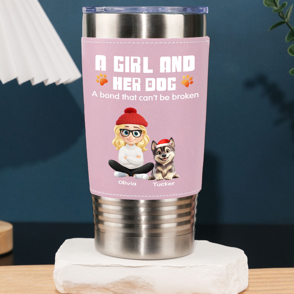 Custom Christmas Birthday Gifts For Dog Mom, Dog Lovers • Human And Their Dog Cartoon Christmas Ver Woman - Personalized Pink Leather Tumbler