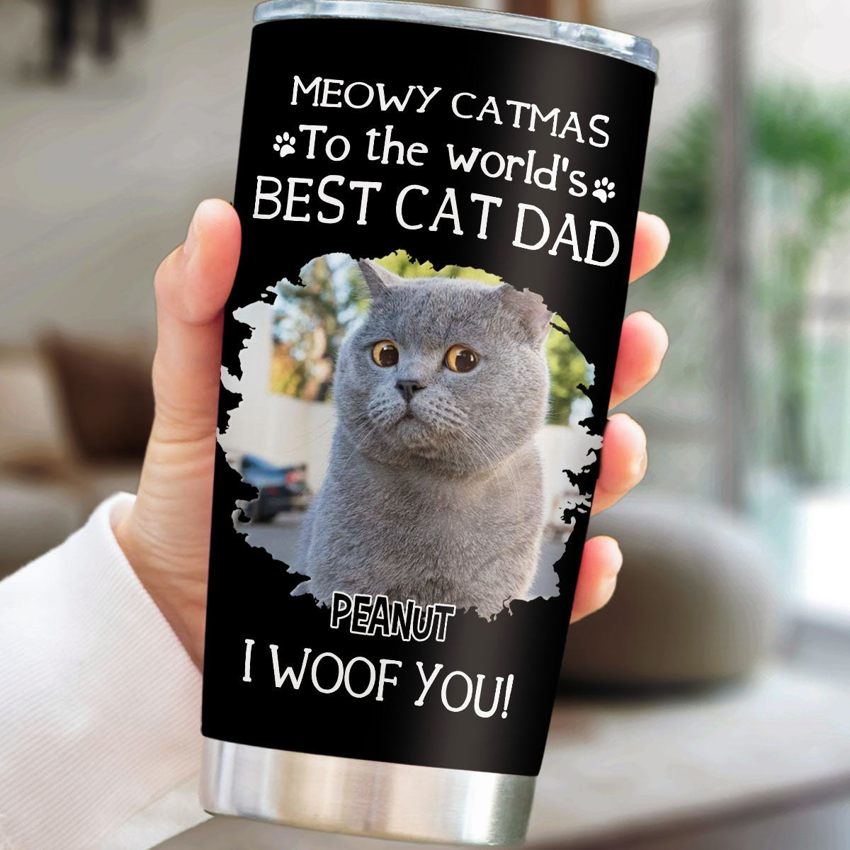 Custom Photo Christmas Birthday Gifts For Cat Lovers • I Woof You The Best Cat Dad Christmas Photo - Personalized Tumbler