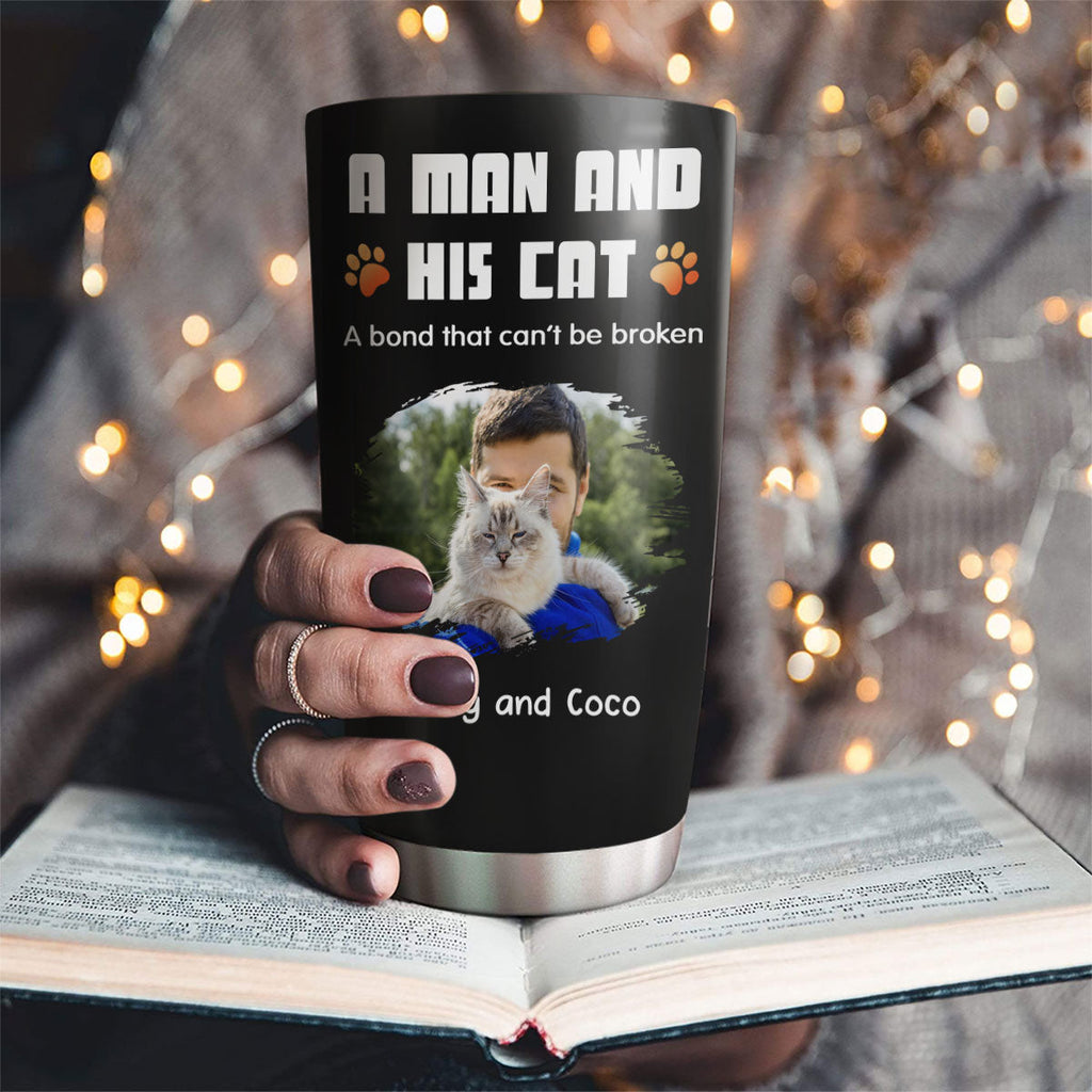 Custom Photo Christmas Birthday Gifts For Cat Lovers • Human And Their Cat Cartoon Christmas Photo - Personalized Tumbler