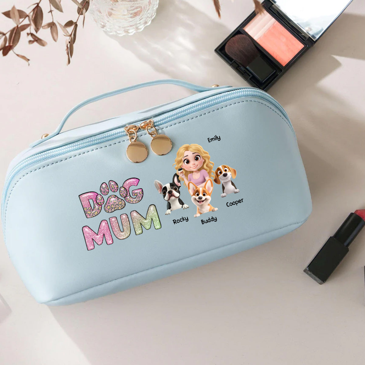 Dog Mom Lovely Chibi - Personalized Leather Makeup Bag