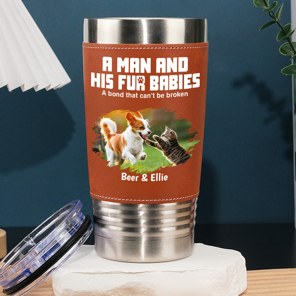 Custom Photo Father's day Birthday Gifts For Pet Dad, Pet Lovers • A Man And His Pets Photo - Personalized Leather Tumbler