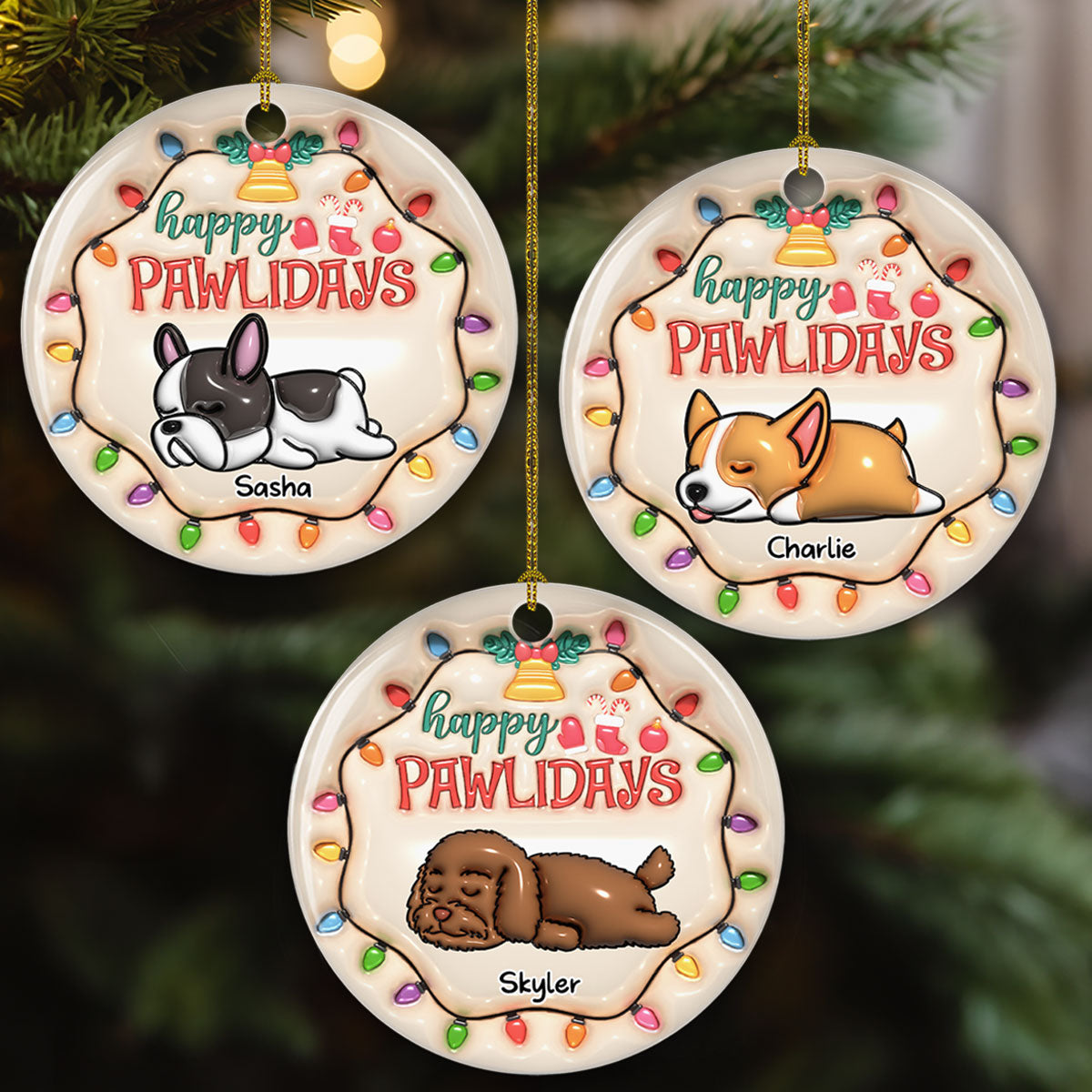 Custom Christmas Decor Home Birthday Gifts For Dog Lovers • Happy Pawlidays - Personalized 3D Inflated Effect Ceramic Ornament