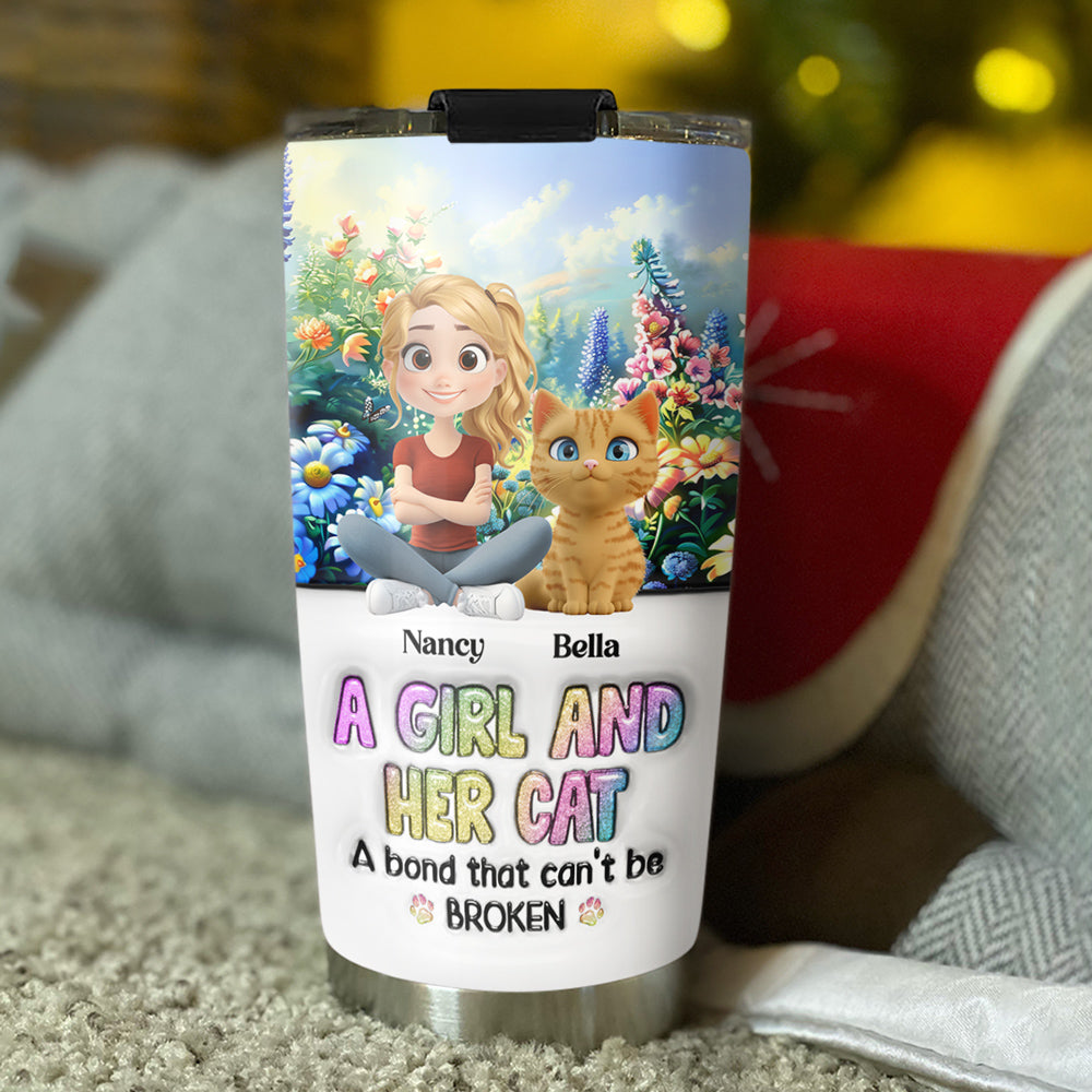 Custom Christmas Birthday Gifts For Cat Mom, Cat Lovers • A Girl And Her Lovely Cat - Personalized 3D Inflated Effect Tumbler